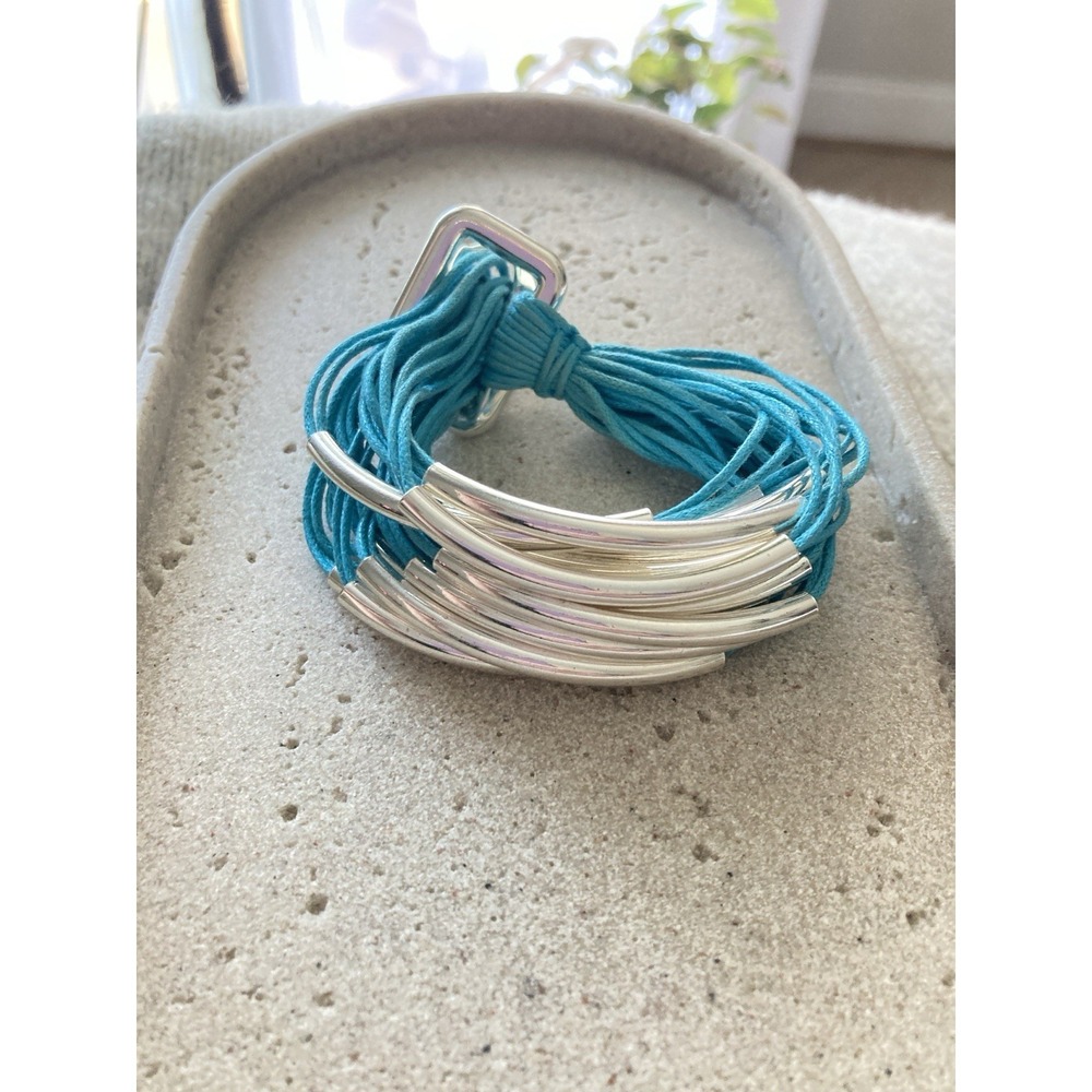Turquoise‎ Blue Colored Cord Bracelet Silver Tone Tube Bar Multi Strand Stack